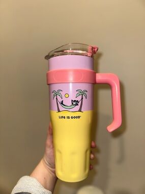 Life Is Good Pink & Yellow Travel Tumbler with Handle
